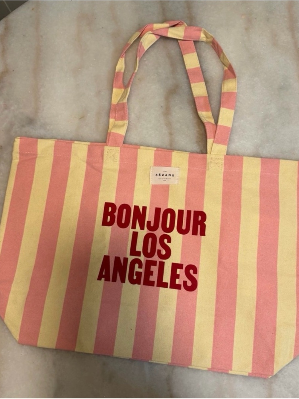 'Bonjour Los Angeles' x Sezane Pink and Yellow Stripe Tote Bag